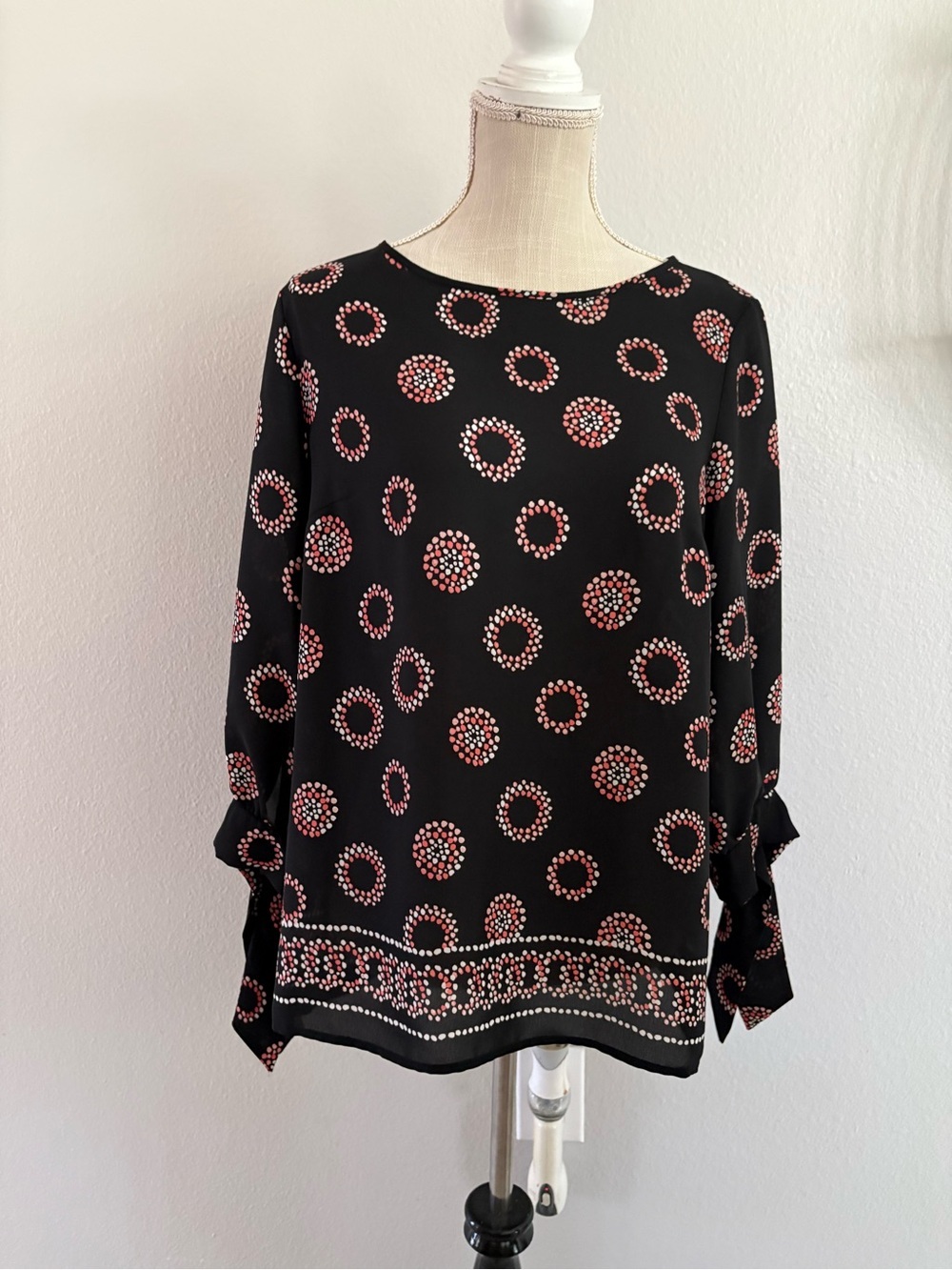 Nine West Black Blouse with Coral and White Dot Rings